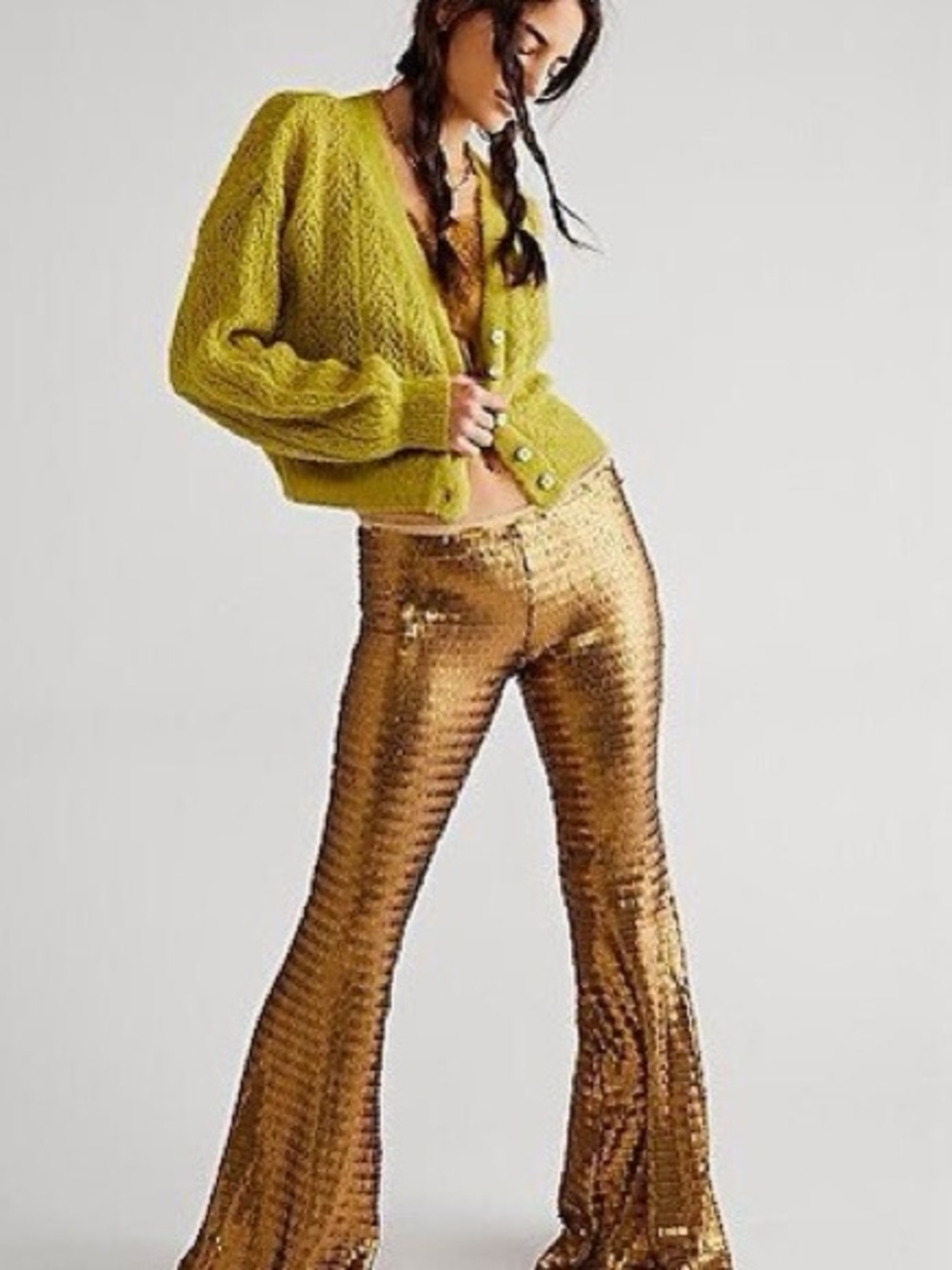 FREE PEOPLE SEQUIN GOLD FLARE PARTY Holiday PANTS Festival XS